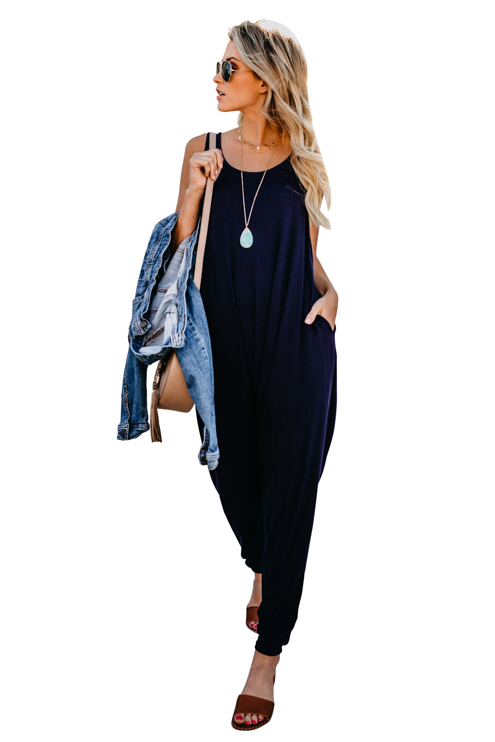 Blue Sleeveless Pocketed Harem Jumpsuit