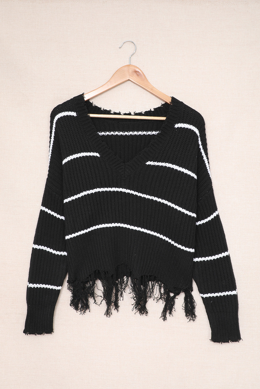 Black Distressed V Neck Raw Hemline Striped Cropped Sweater