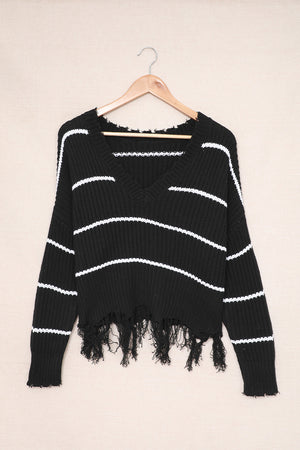 Black Distressed V Neck Raw Hemline Striped Cropped Sweater