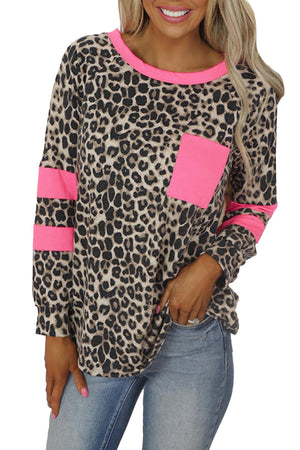 Leopard Color Block Splicing Long Sleeve Top