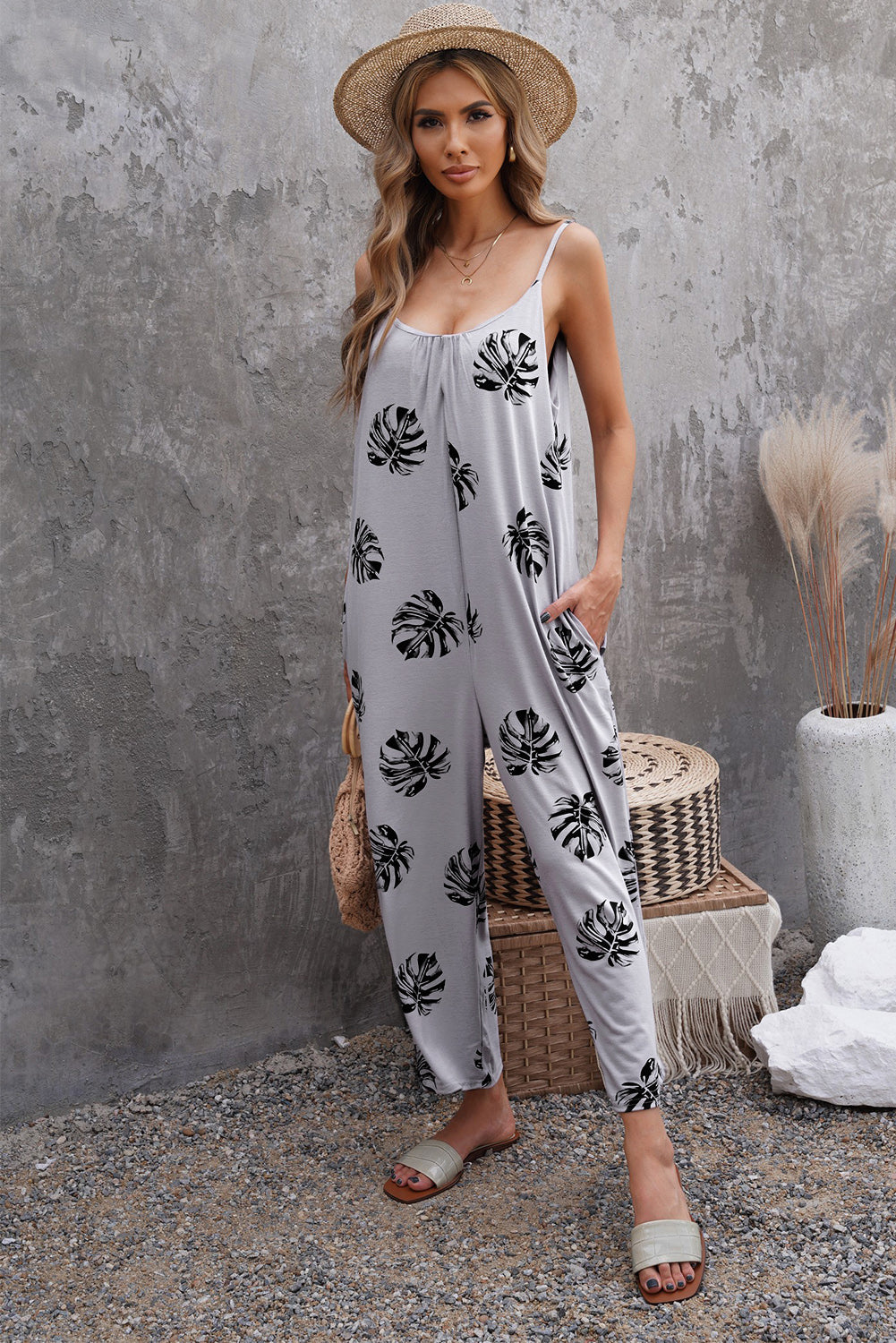 Gray Palm Leaves Print Spaghetti Strap Wide Leg jumpsuit