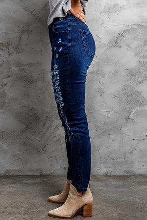 Blue Mid Rise Distressed Ripped Holes Skinny Jeans
