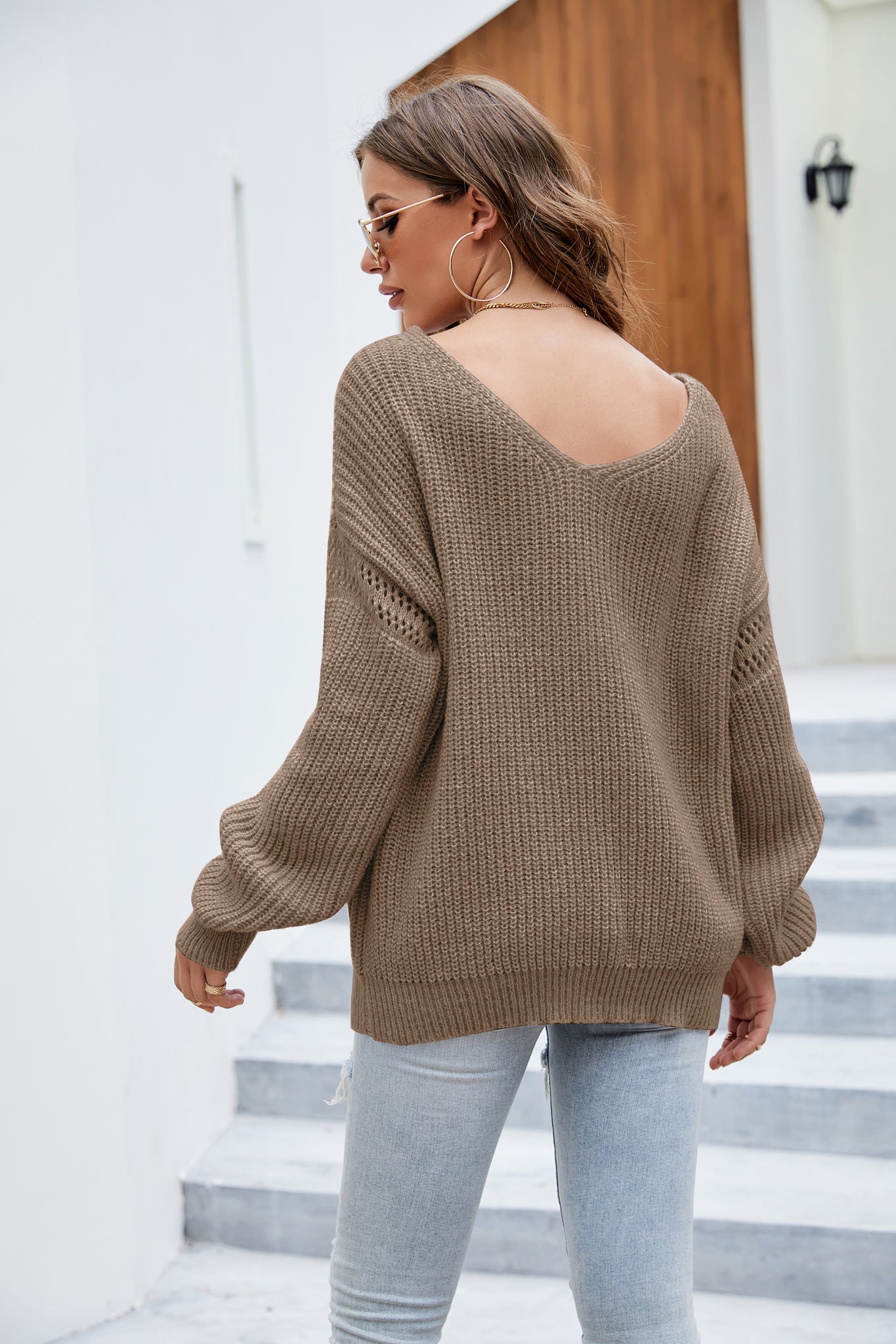 Brown Low V Neck Pocketed Drop Shoulder Sweater