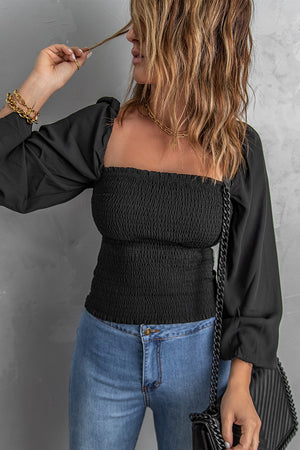 Black Puff Sleeve Smocked Top