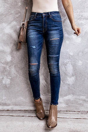Blue Ripped High Rise Ankle Length Skinny Jeans
