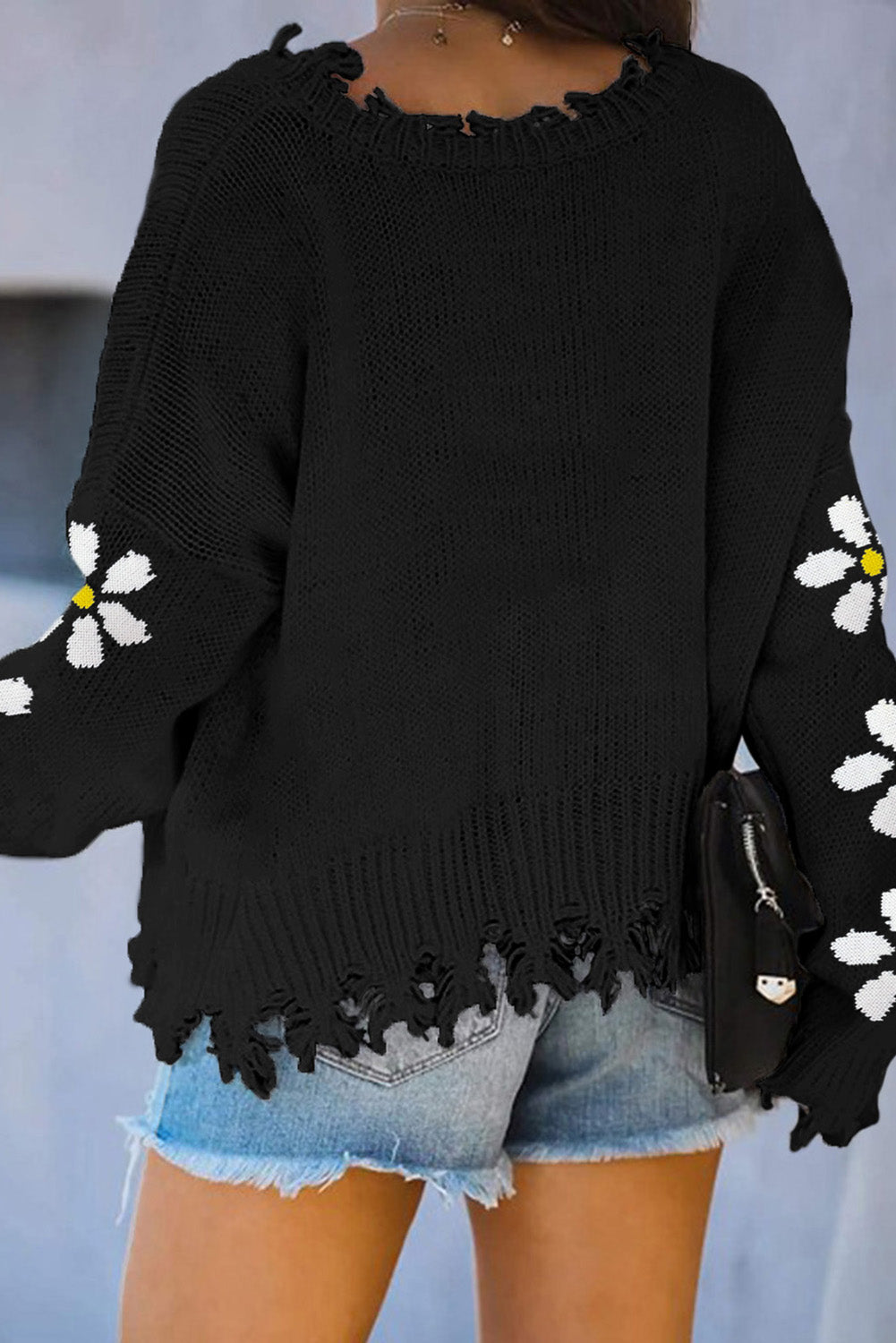 Black Distressed Wild Flower Sweater