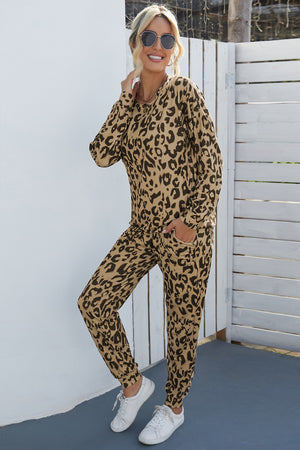 Leopard Print Long Sleeve Top and Drawstring Pants Set