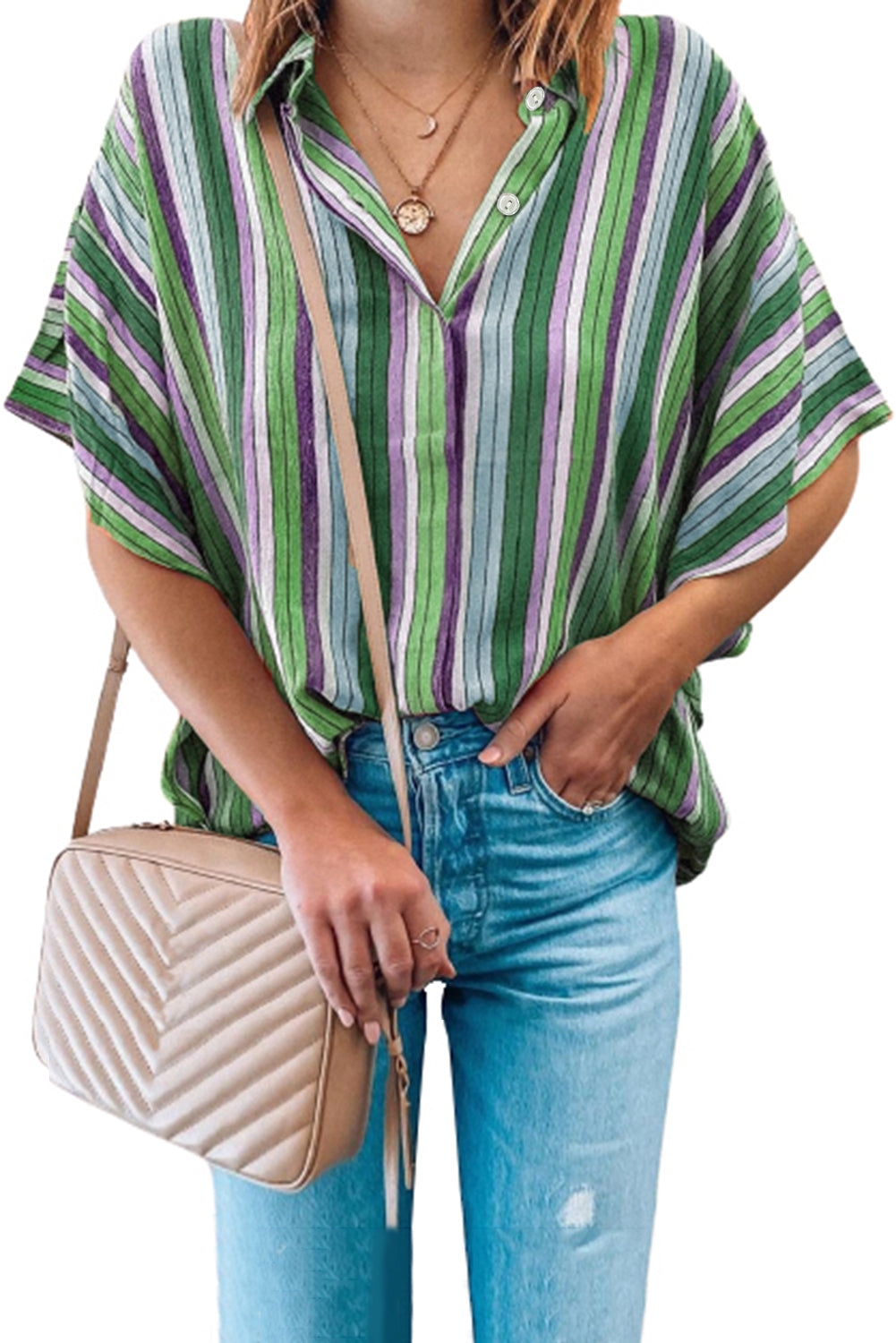 Green Multi-color Striped Short Sleeve Blouse