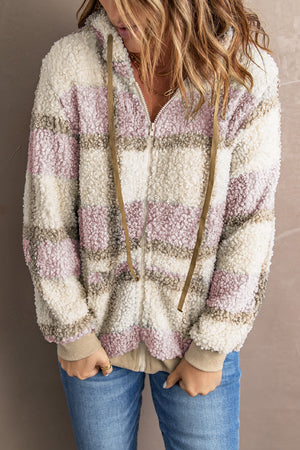 Plaid Print Zipper Fleece Hooded Coat