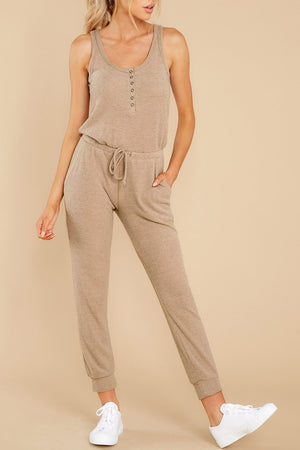 Khaki Sleeveless Buttons Pocket Tie Waist Jumpsuit