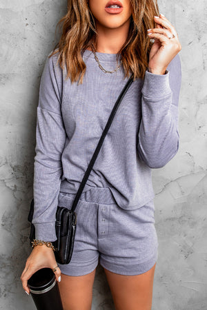 Grey Ribbed Knit Drop-Shoulder Sleeve Top and Shorts Lounge Set
