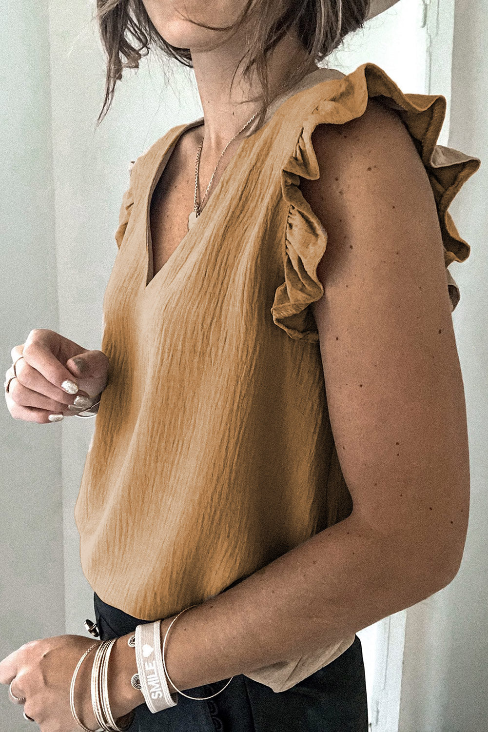 Khaki Ruffled Sleeve V Neck Top