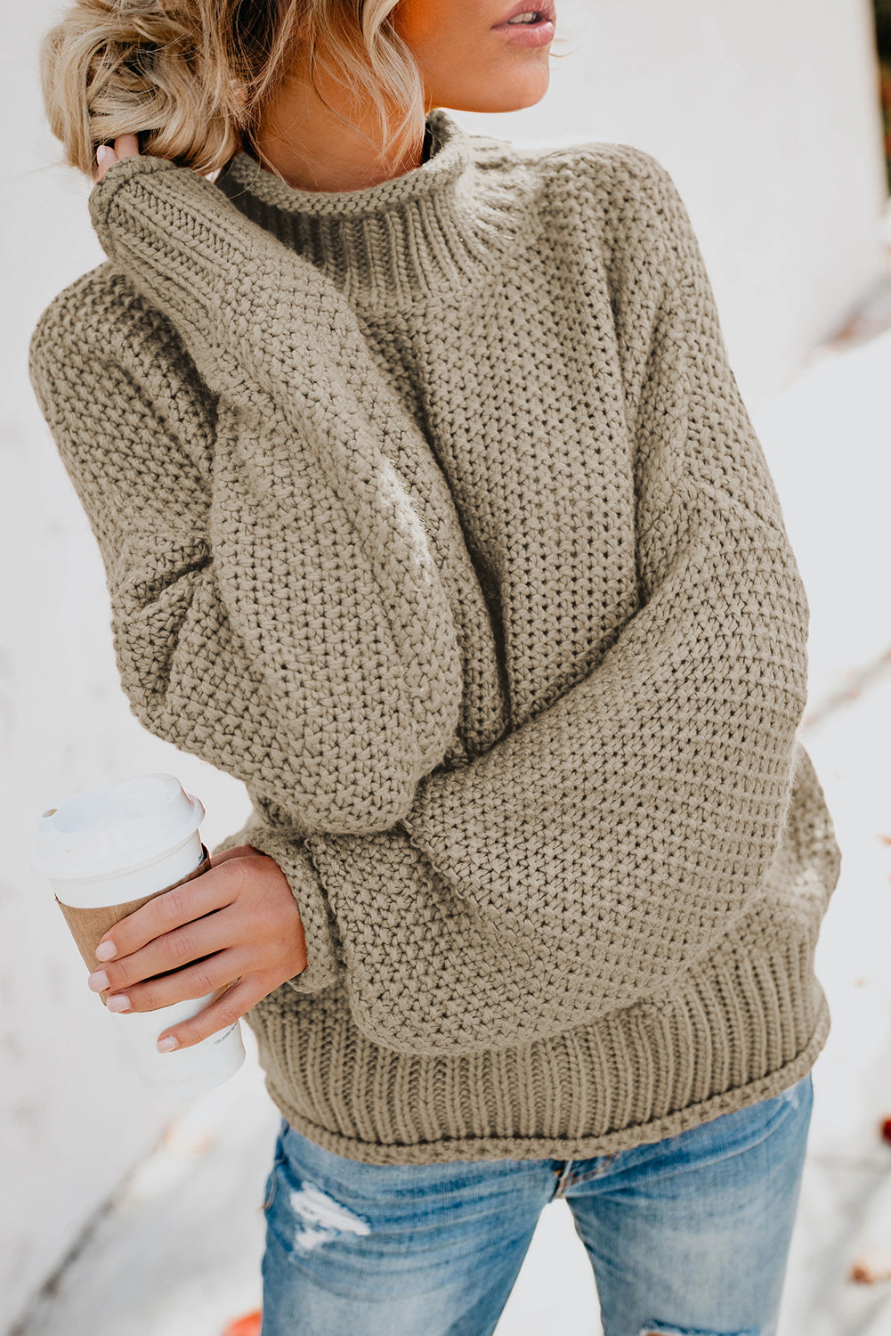 Khaki Oversized Chunky Batwing Long Sleeve Turtleneck Sweater