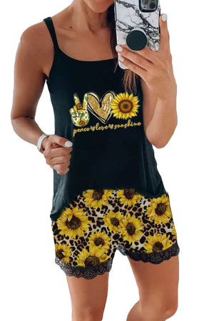 Leopard Sunflower Lace Cami Loungewear Set