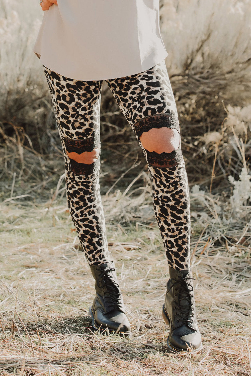 Floral Hollow Out Brown Leopard Printed Skinny Leggings