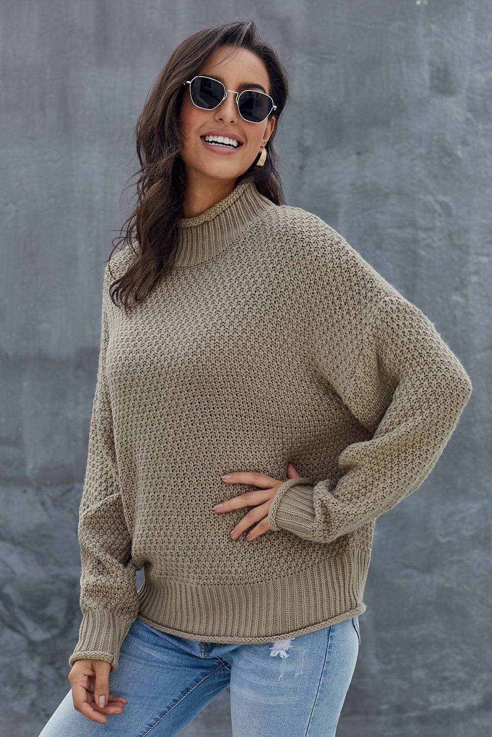 Khaki Oversized Chunky Batwing Long Sleeve Turtleneck Sweater