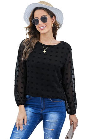 Black Swiss Dot Long Puff Sleeve Top
