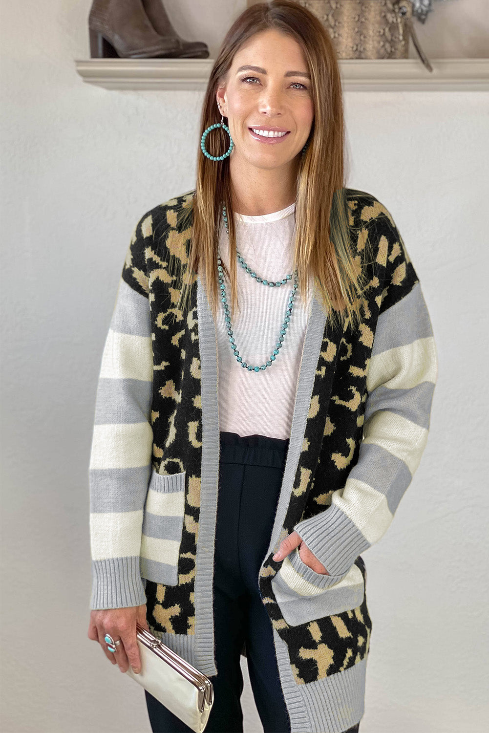Leopard Print Cardigan with Striped Sleeve