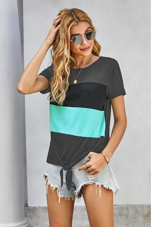 Gray Color Block Panel Front T-shirt with Knot