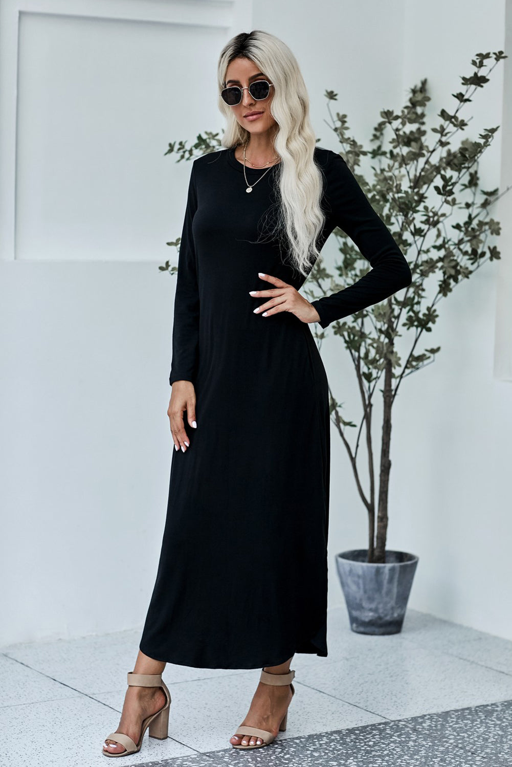Black Pocketed Cotton Dress with Slit