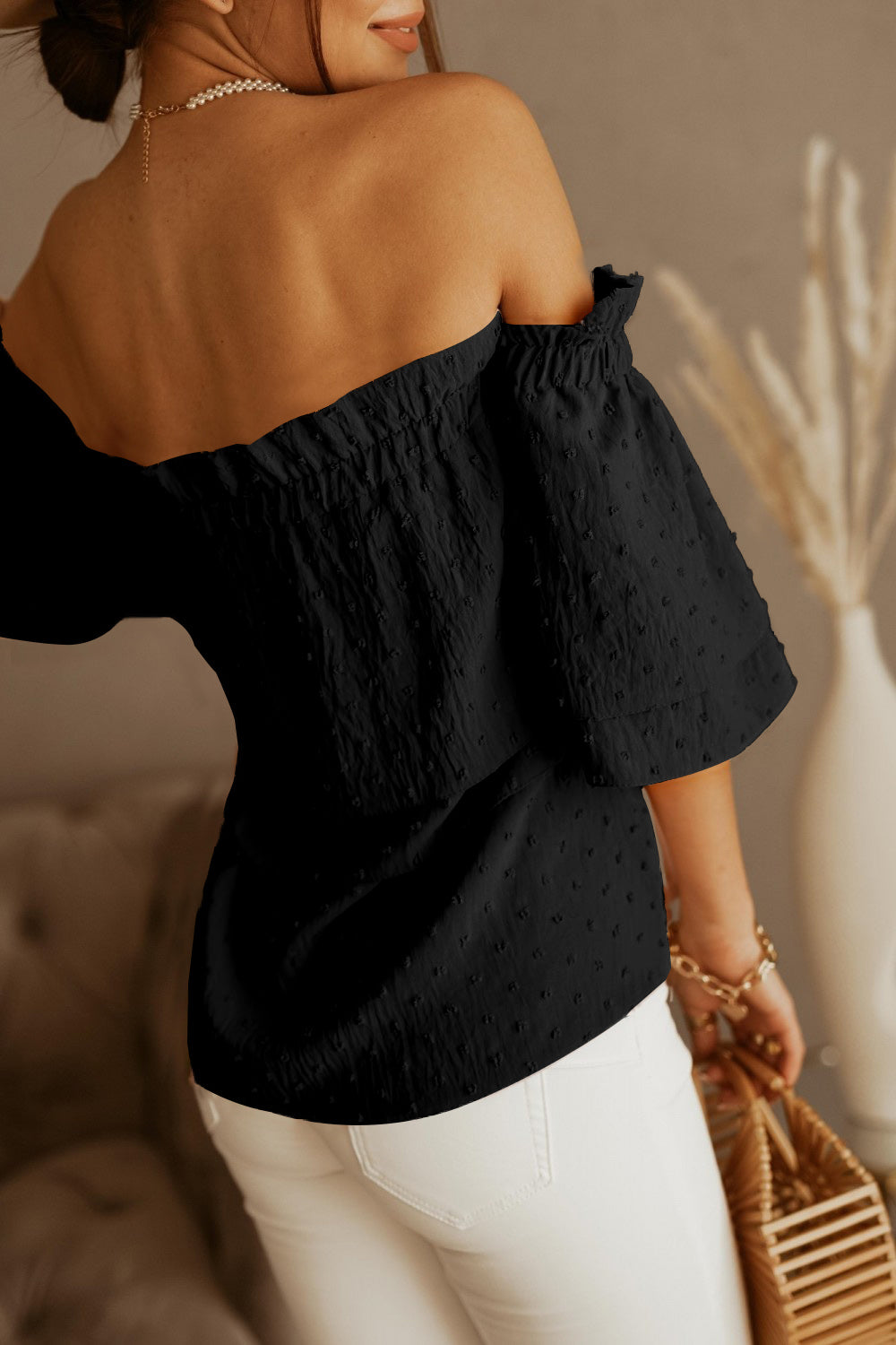 Black Swiss Dot Ruffled Off The Shoulder Blouse