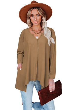 Brown Asymmetric Hemline Long Sleeve Top
