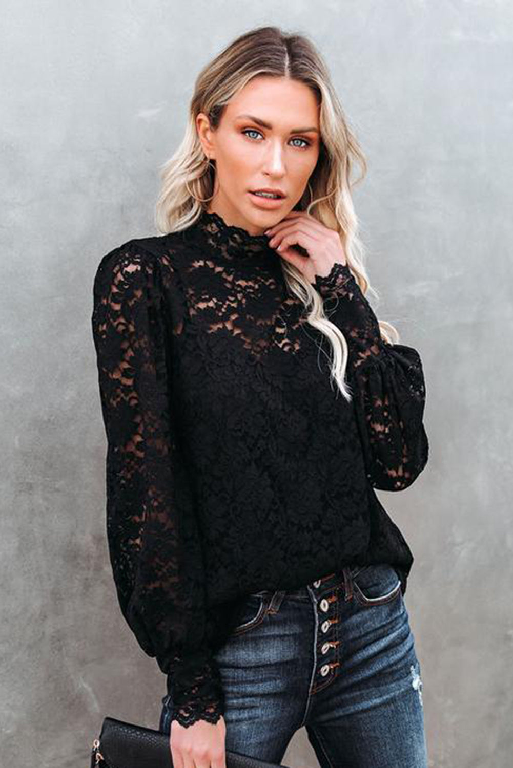 Black Lace Splicing Mock Neck Blouse