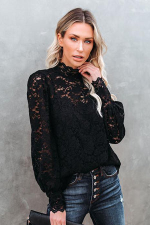 Black Lace Splicing Mock Neck Blouse
