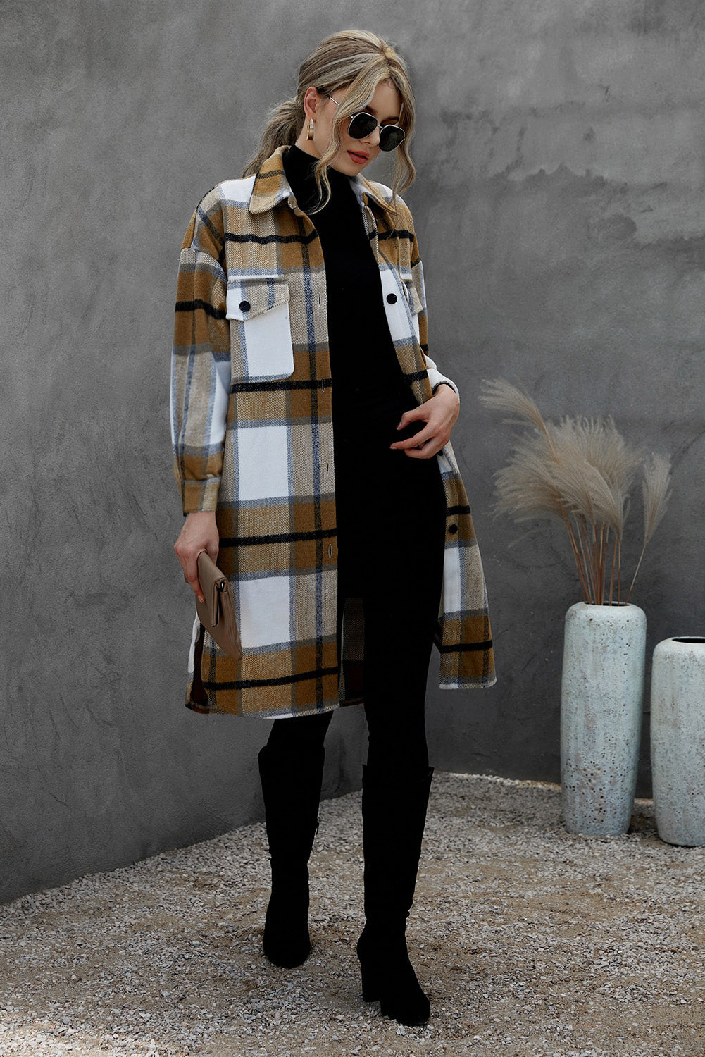 Khaki Turn Down Collar Pocket Buttoned Plaid Print Coat