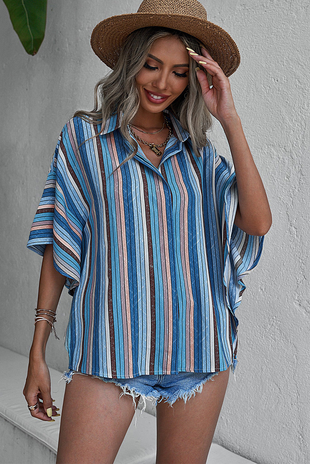 Blue Multi-color Striped Short Sleeve Blouse