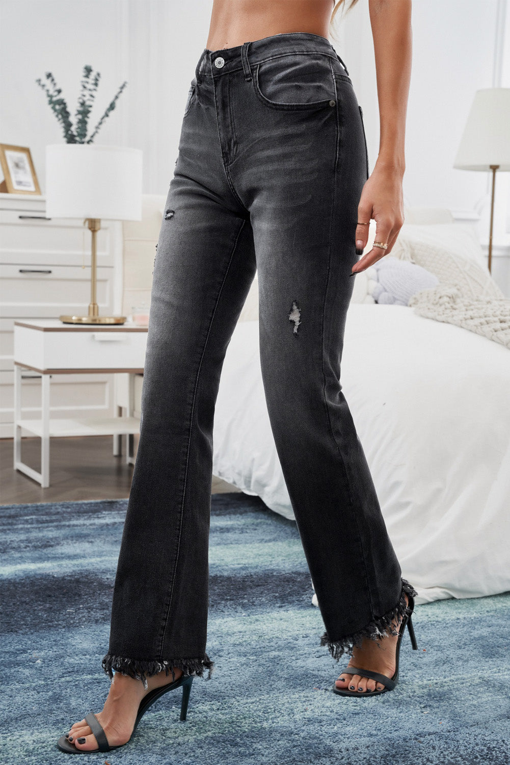Black Raw Hem Straight Leg Jeans