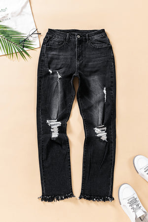 Black Distressed Raw Hem Button Mid Waist Jeans