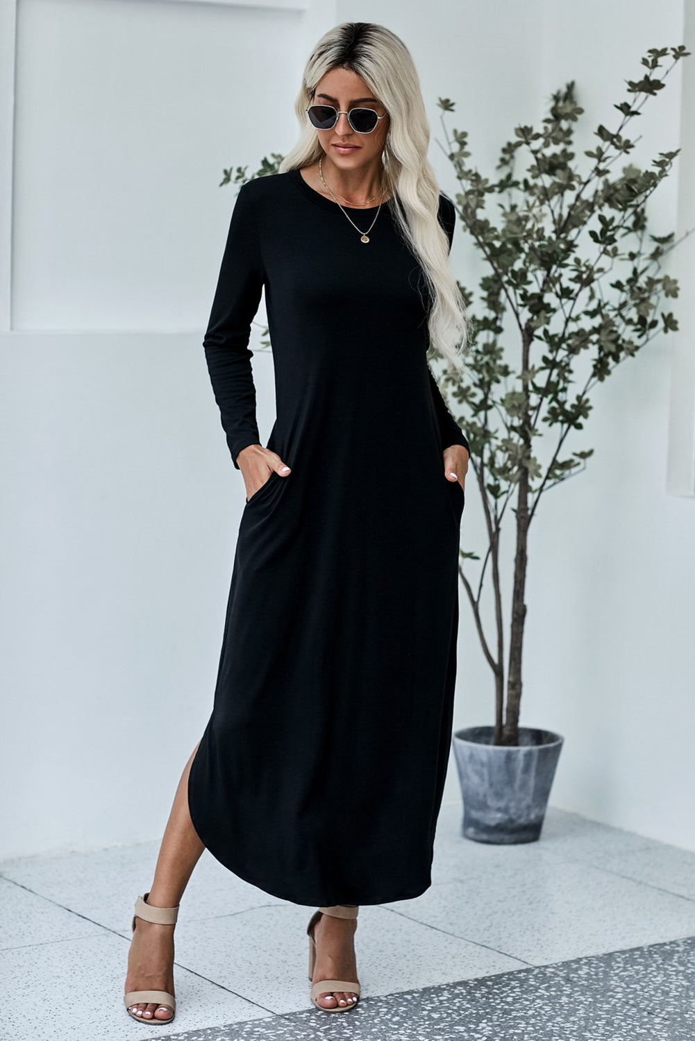 Black Pocketed Cotton Dress with Slit