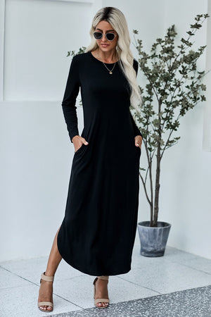 Black Pocketed Cotton Dress with Slit