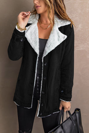 Black Lapel Collar Button Fleece Jacket
