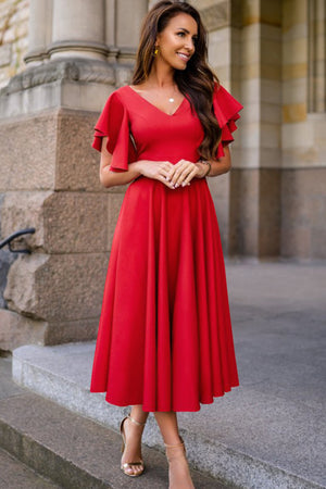 Red V Neck Ruffled Sleeves Flare Long Dress