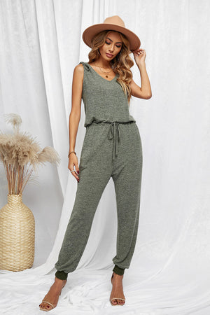 Green V Neck Tied Drawstring Sleeveless Jumpsuit