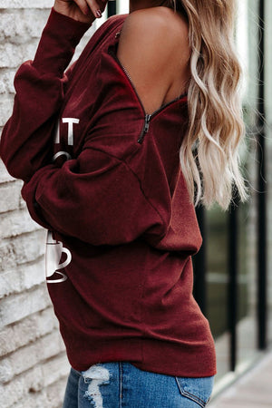 Wine Red Drop Shoulder Zipper Ribbed Sweatshirt