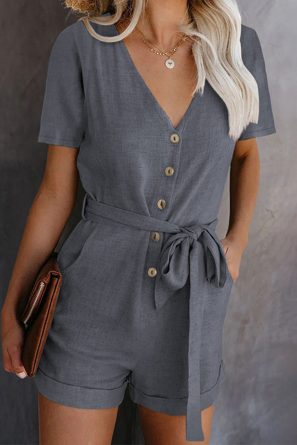 Gray V Neck Short Sleeve Buttons Belted Romper with Pockets