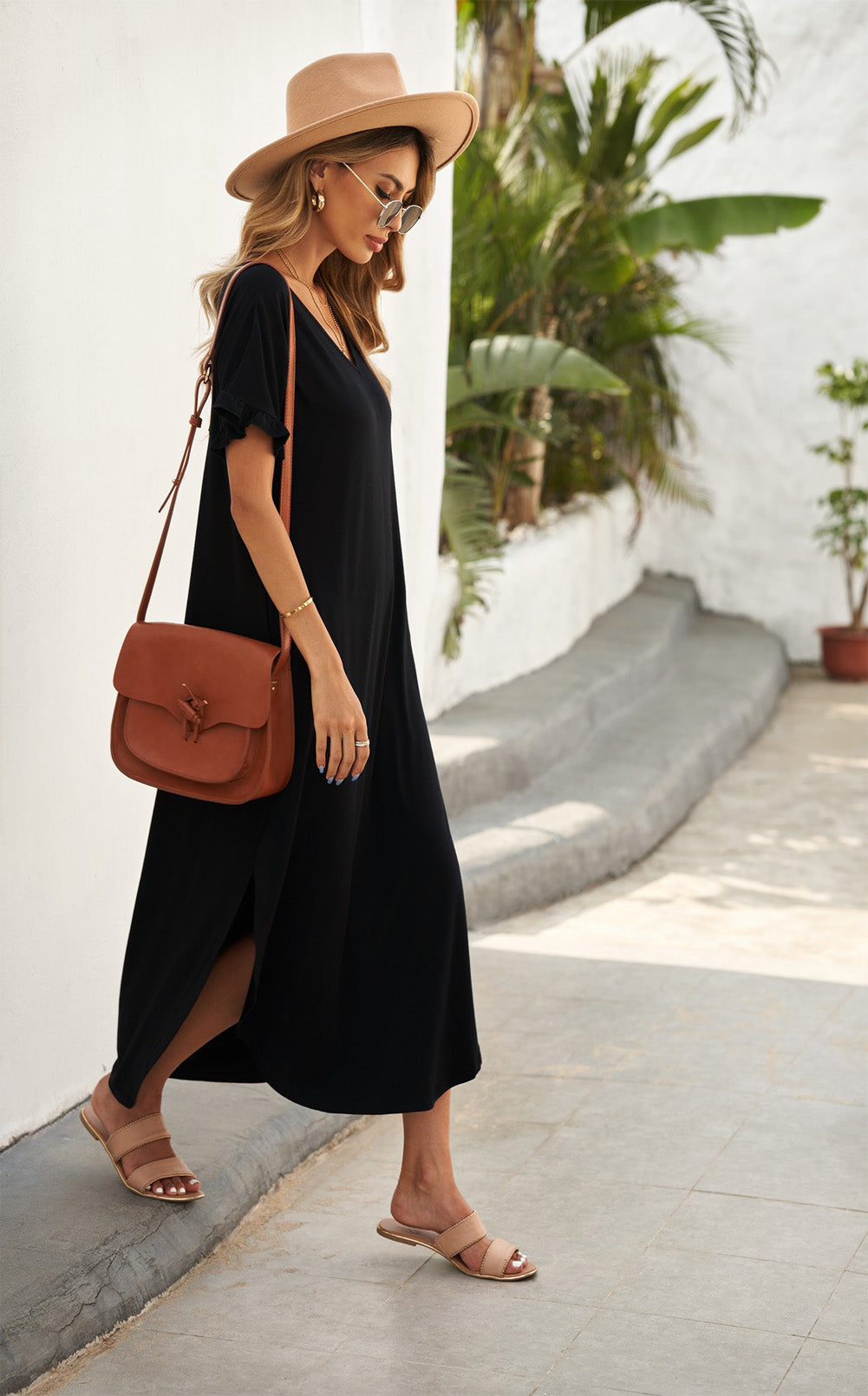 Black Loose Fit Cotton Blend V Neck Maxi Dress with Slits