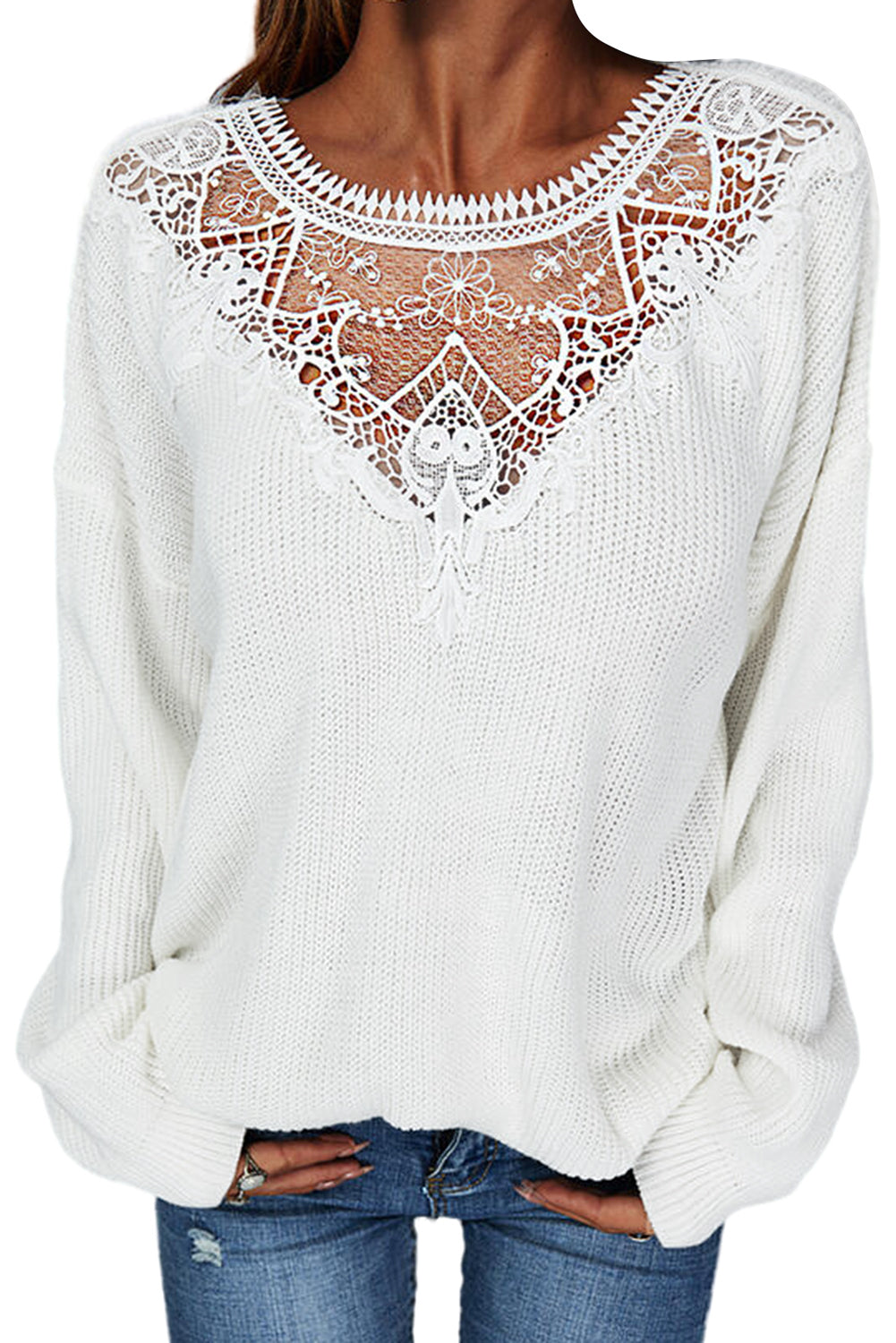 Lace Splicing Drop-shoulder Knitted Sweater