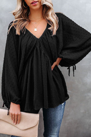Black Swiss Dot Lace-up V Neck Long Sleeve Top