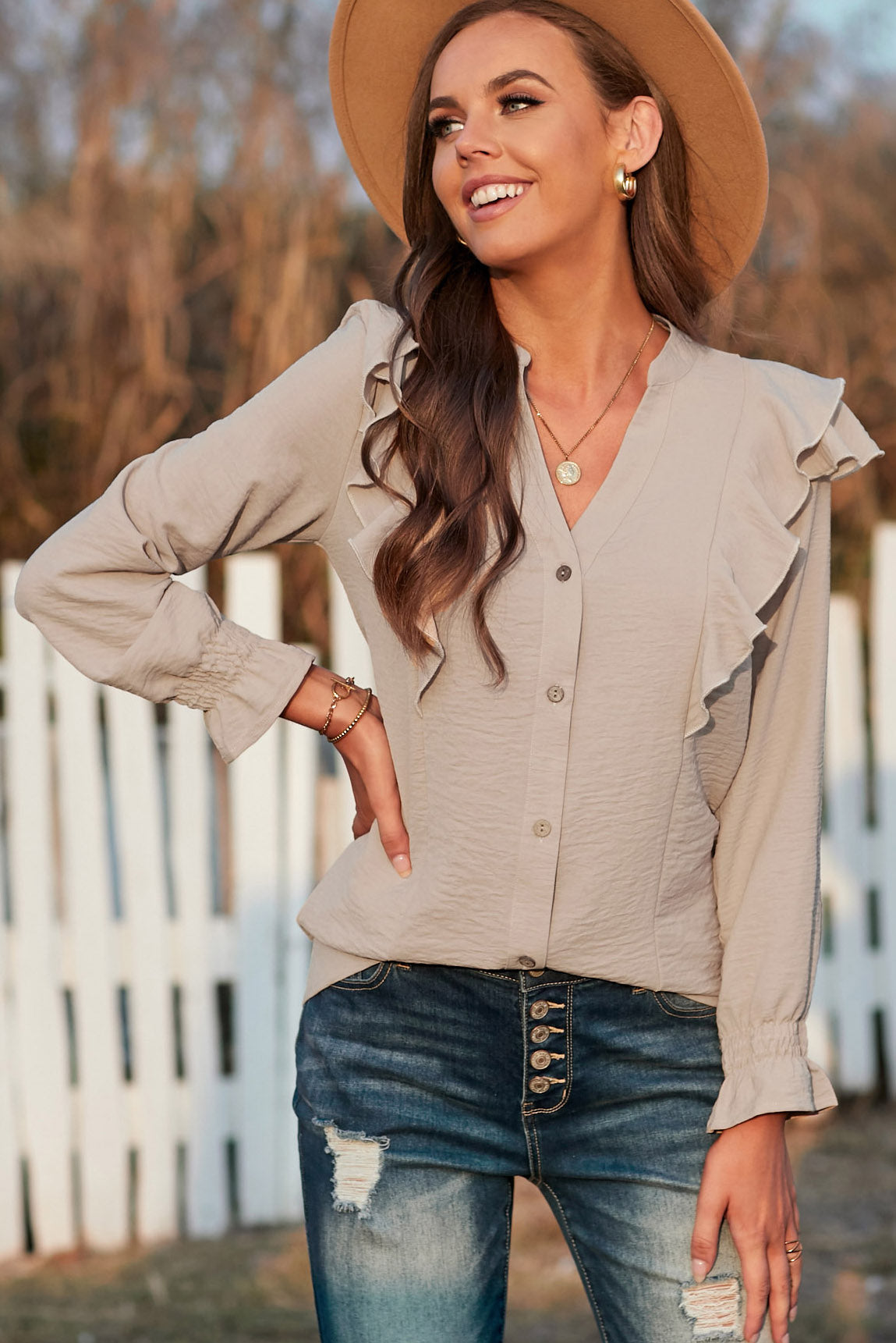 Apricot Ruffles Long Sleeve Loose Blouse