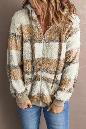 Brown Plaid Print Zipper Fleece Hooded Coat