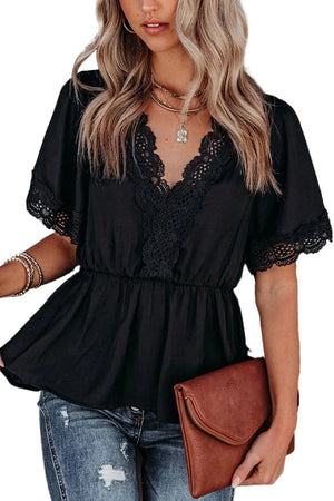 Black Lace Splicing V Neck Short Sleeve Blouse