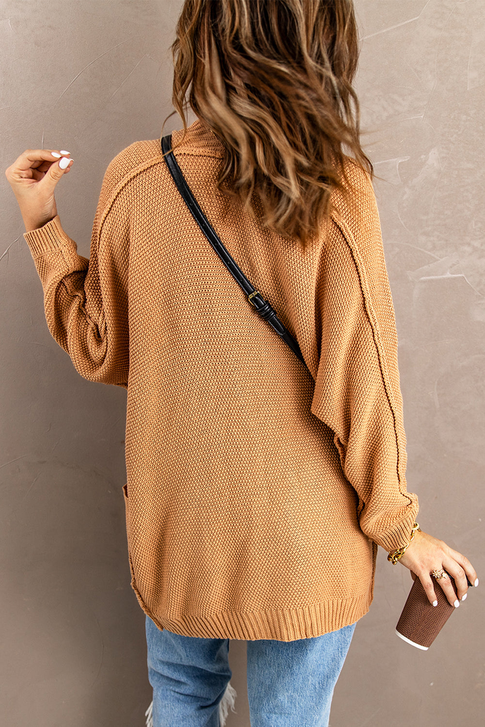 Khaki Open Front Knitted Sweater with Pocket