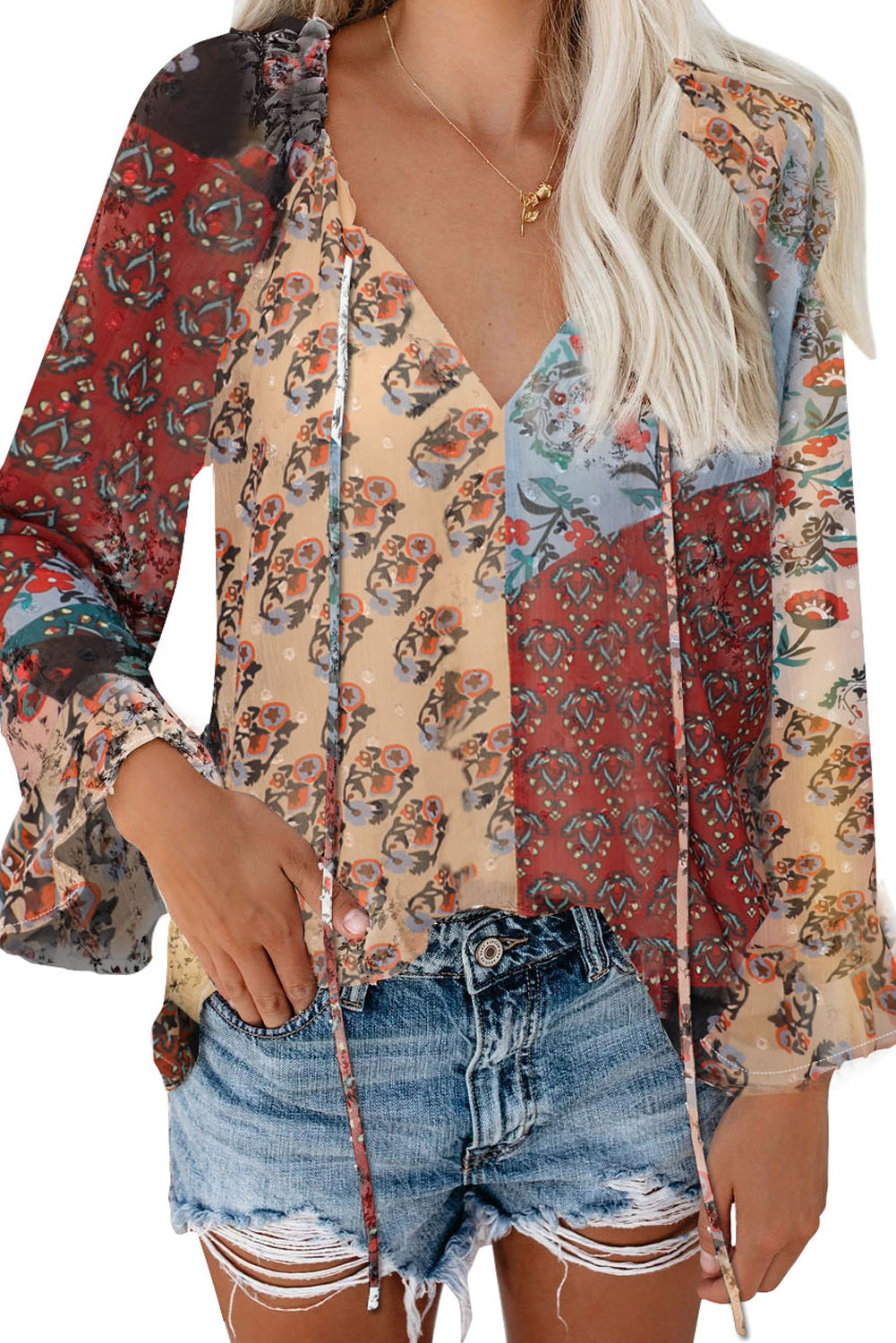 Multicolor Floral Print Drawstring Long Bell Sleeve Blouse
