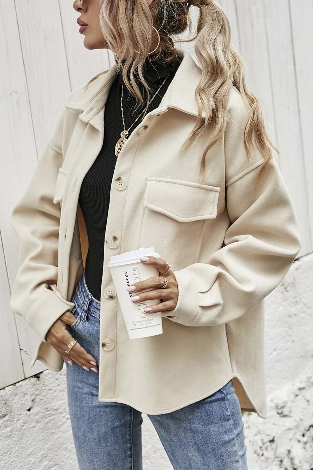 Beige Flap Pocket High Low Hem Coat