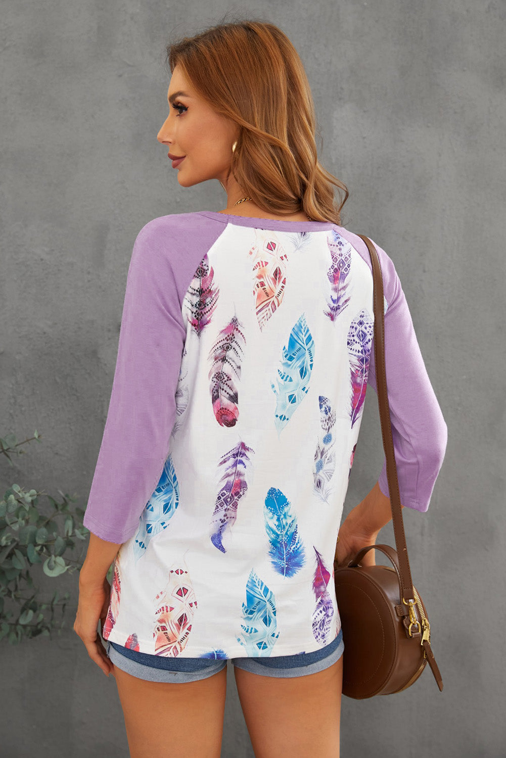 Purple Feather Print 3/4 Raglan Sleeve Top