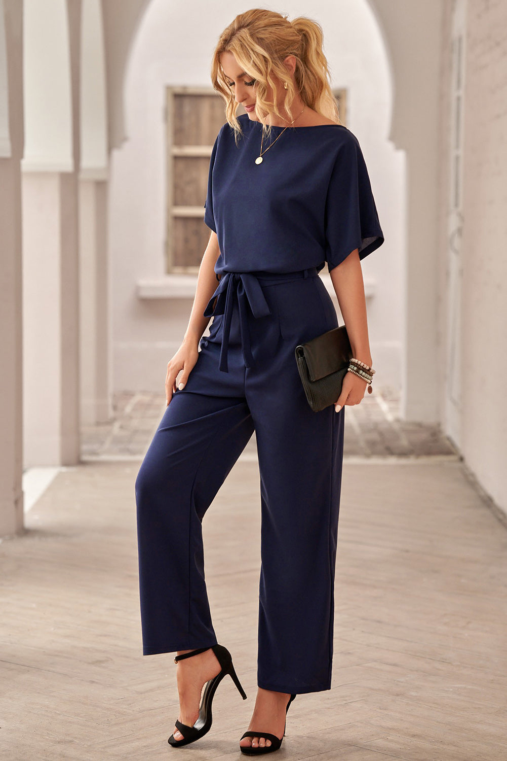 Blue Oh So Glam Belted Wide Leg Jumpsuit